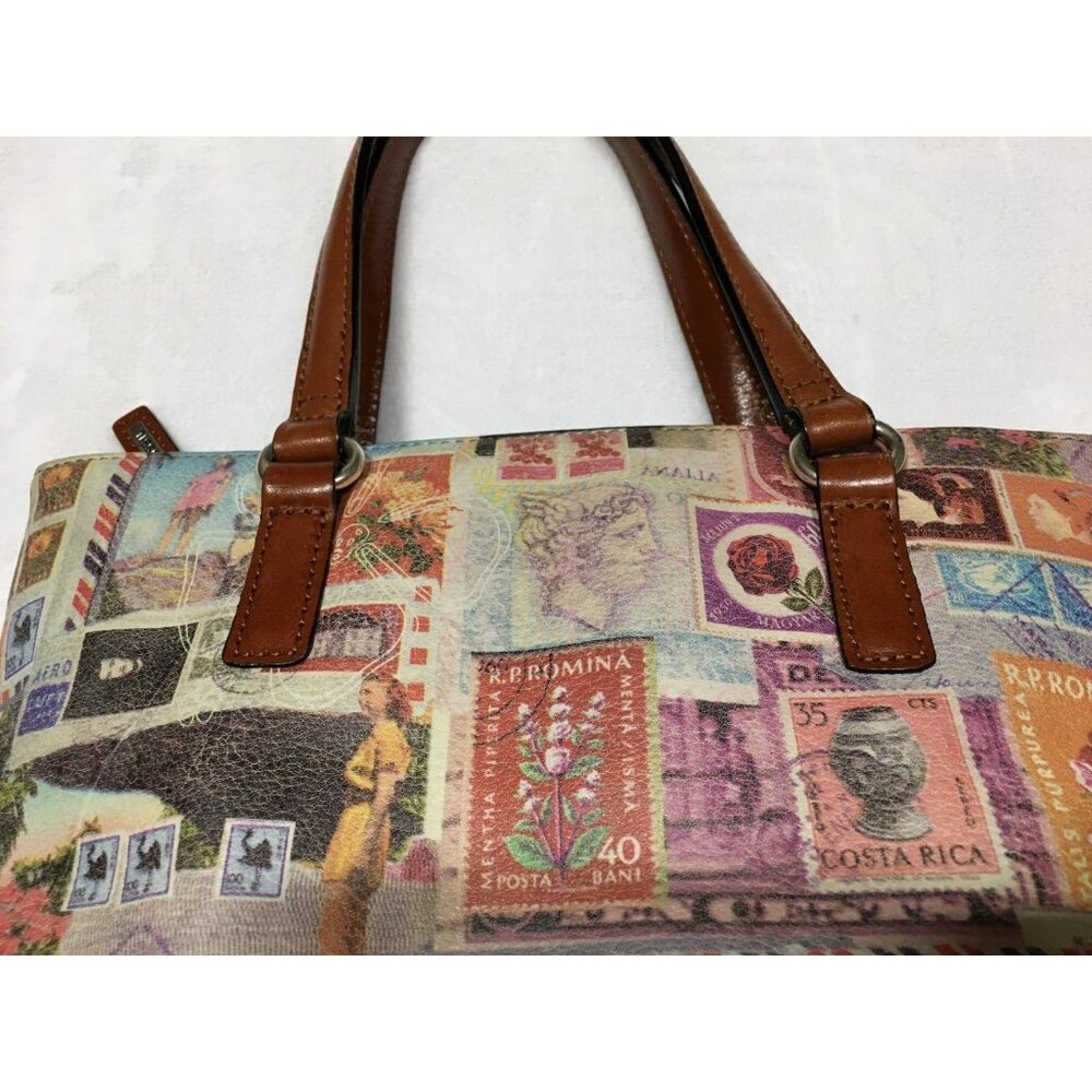 Fossil Leather Handbag Coronado Vintage Stamps Print Satchel NO SHOULDER STRAP - Picture 3 of 16